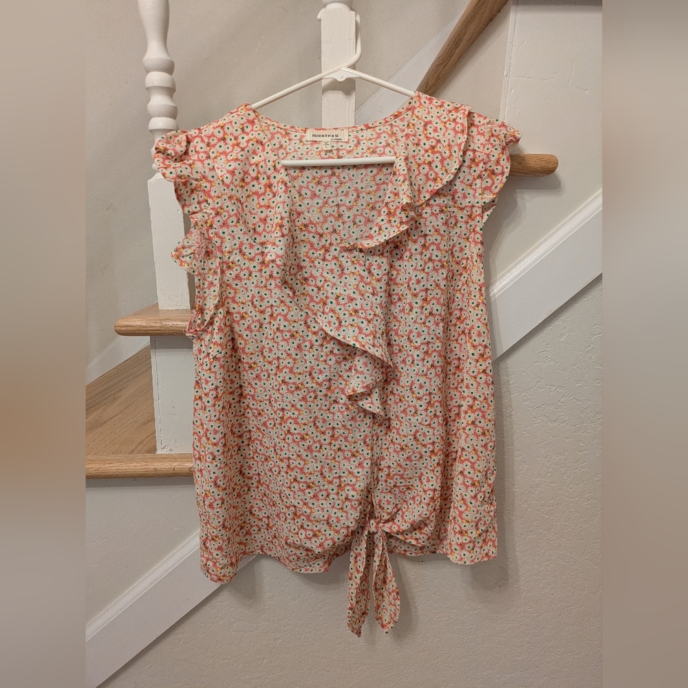 Anthropologie Monteau - Pink Floral Ruffle Tie-Front Sleeveless Blouse -Size L